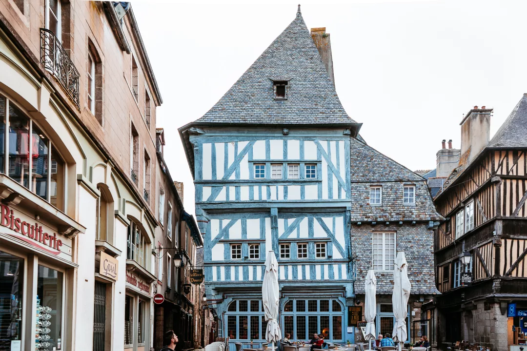 blue half-timbered house in dinan