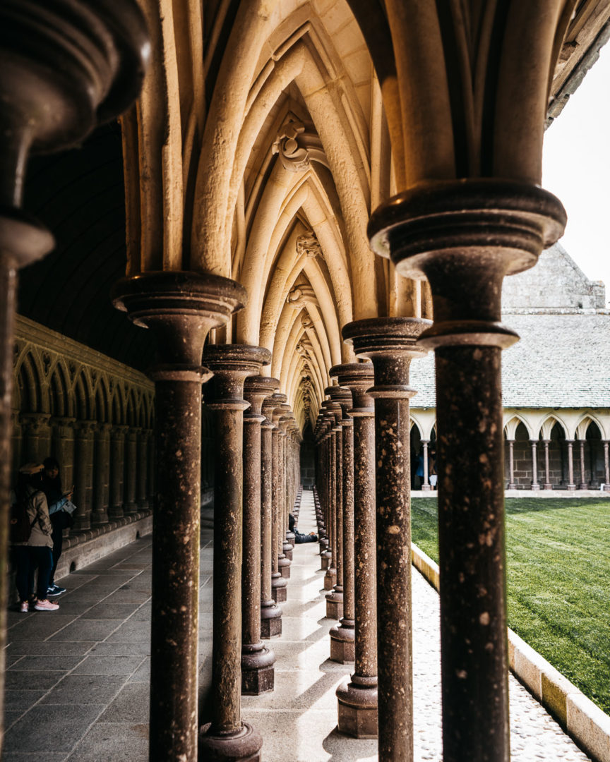 View through the pillars of the Mont Saint-Michel cloister
