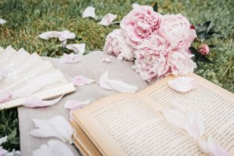 Peony petals scattered over a book and an antique fan
