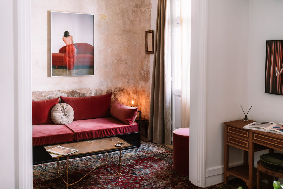 red velvet sofa at shila athens hotel