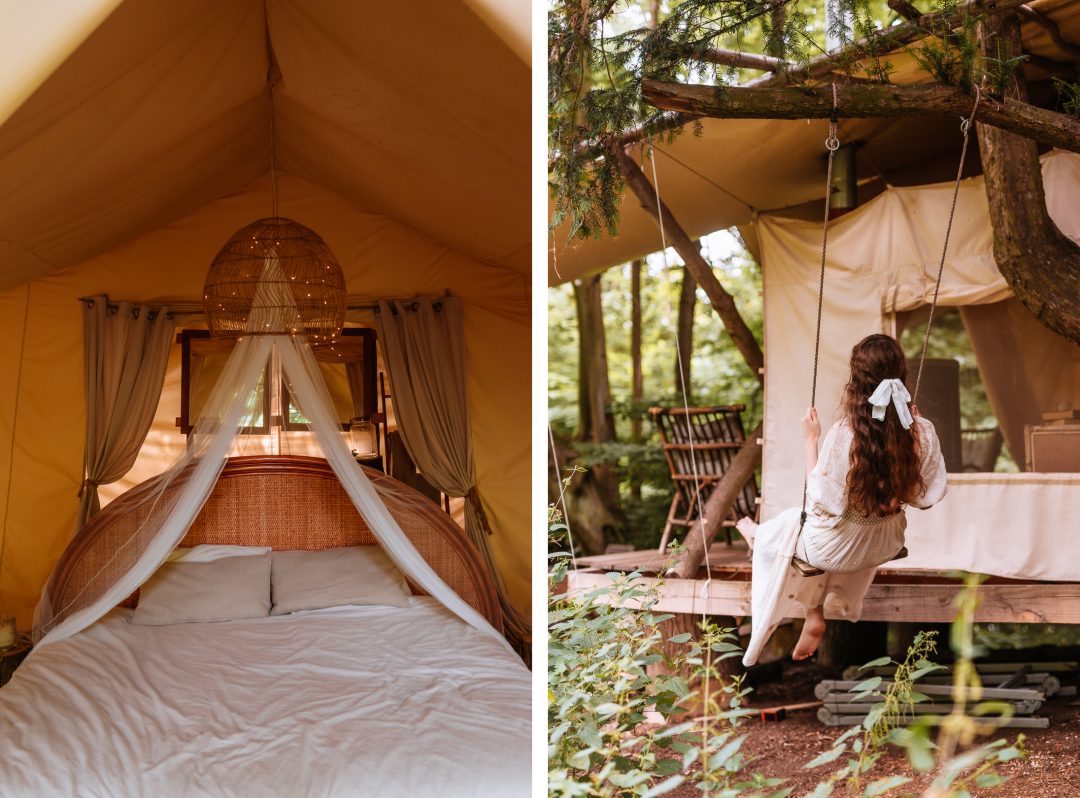 bed in a safari glamping tent and a woman on a swing