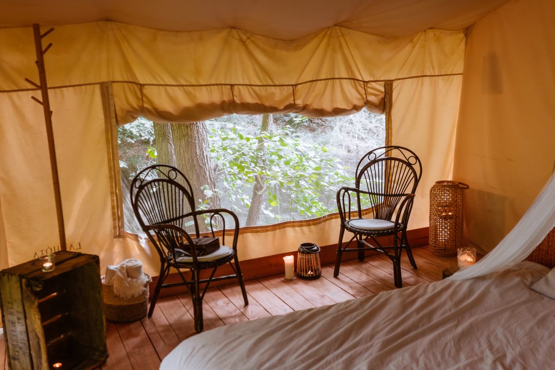 safari tent interior at lakhota glamping 