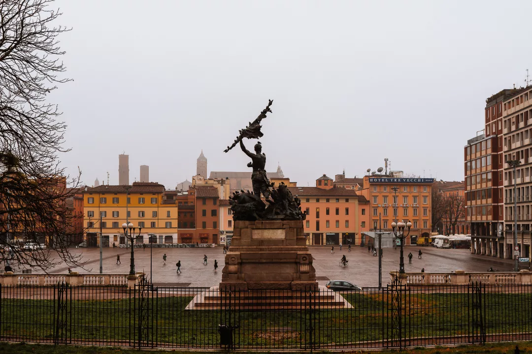 bologna square on a foggy day