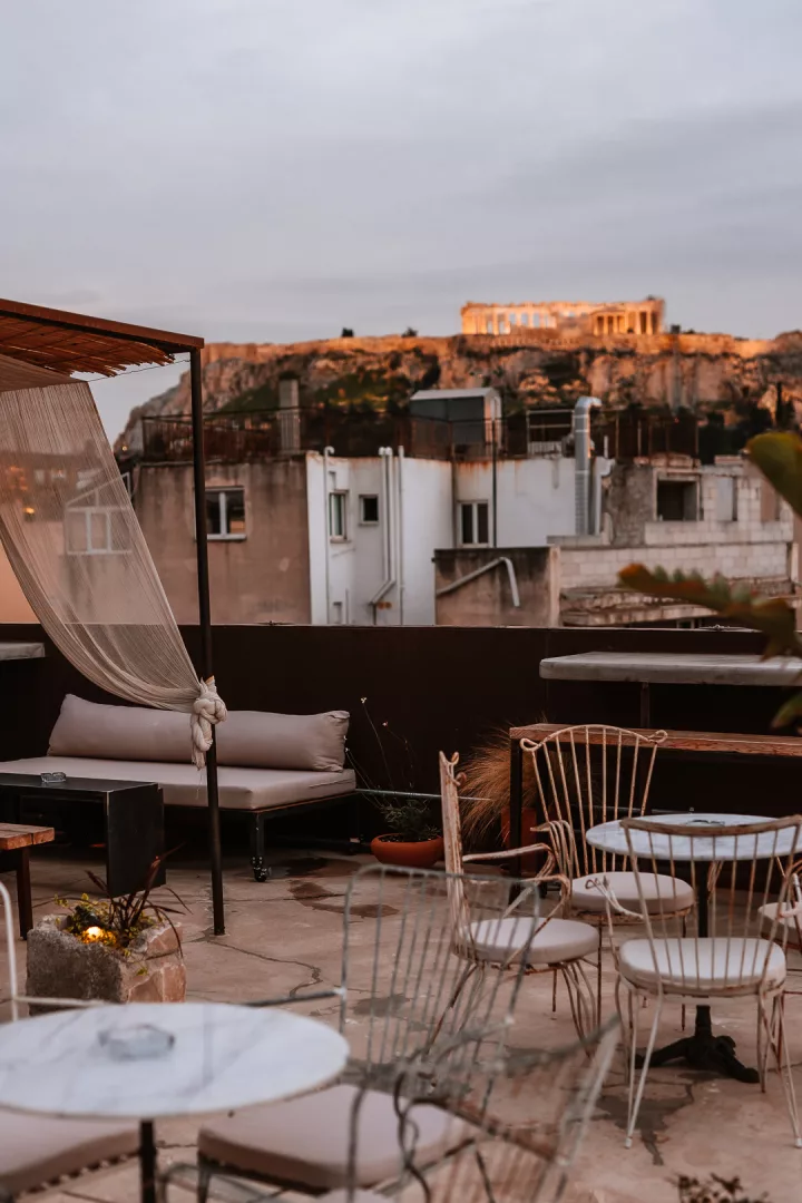 sunset on the rooftop of mona athens hotel