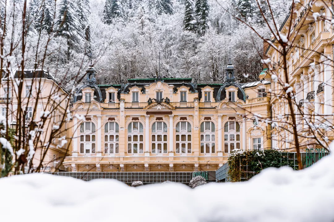 wes anderson hotel under snow in karlovy vary